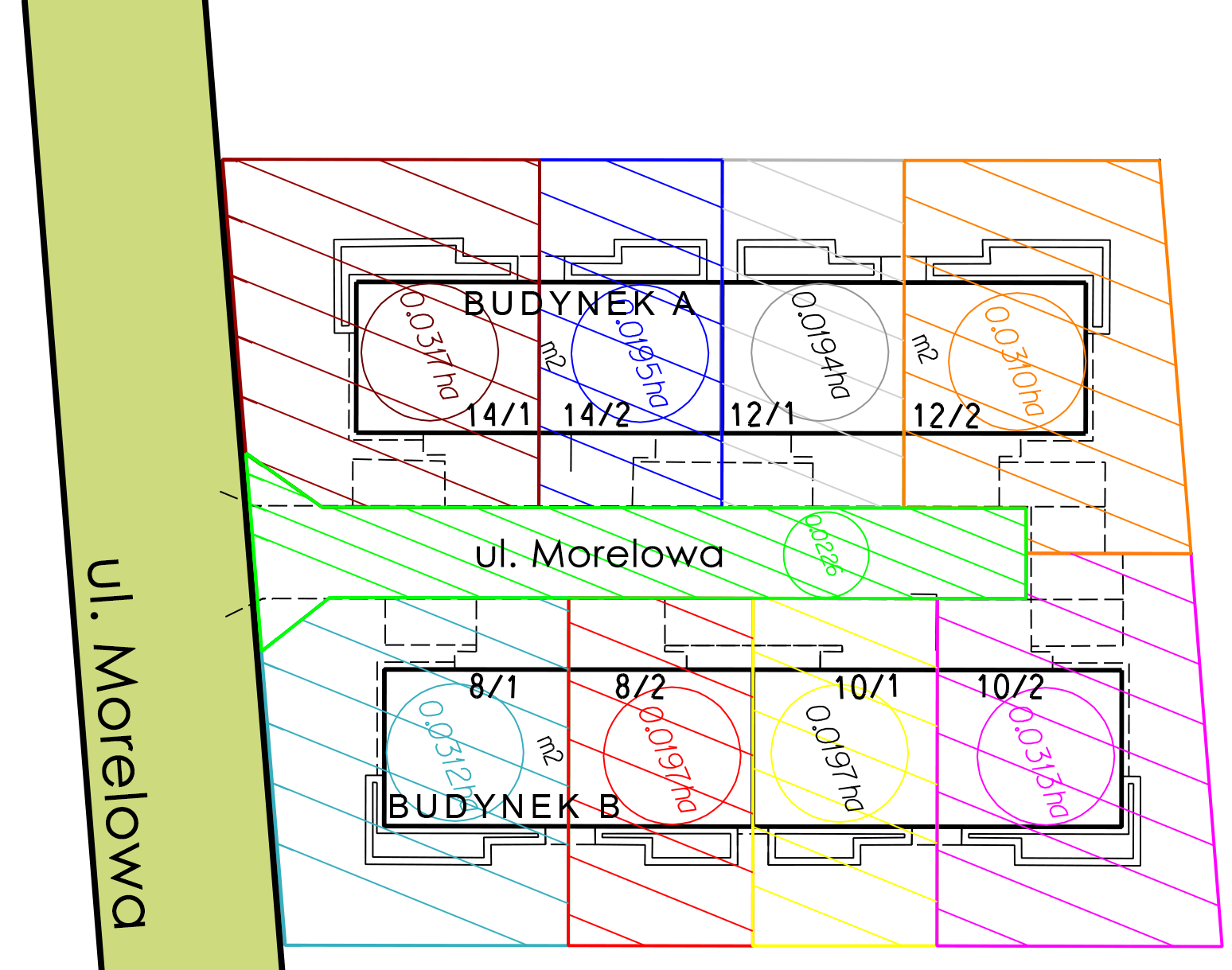 Mapa projektowa osiedla z podziałem na działki: 12/1, 12/2, 14/1, 14/2 (Budynek A) oraz 8/1, 8/2, 10/1, 10/2 (Budynek B)